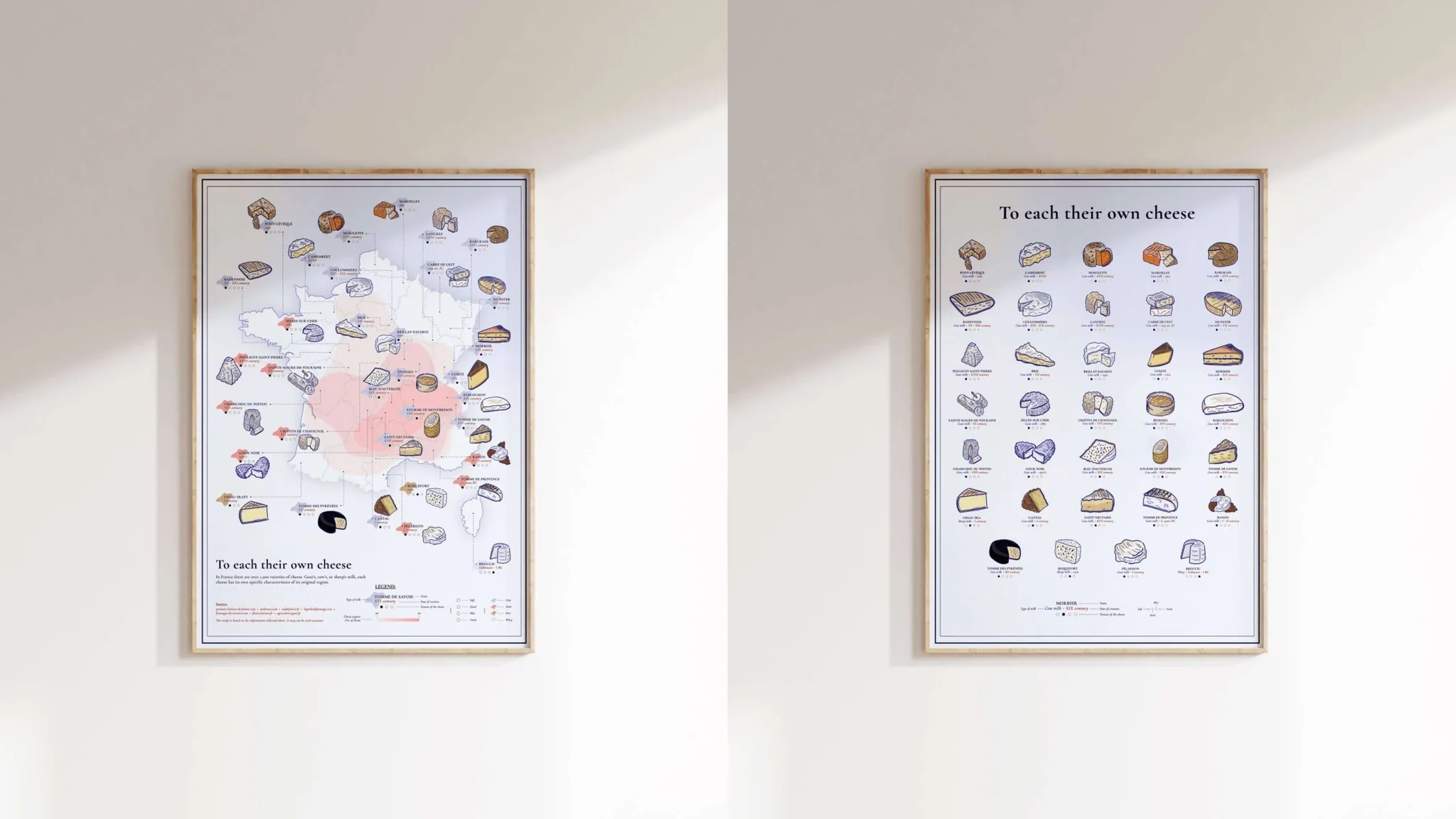 Illustrated poster mapping regional cheeses of France