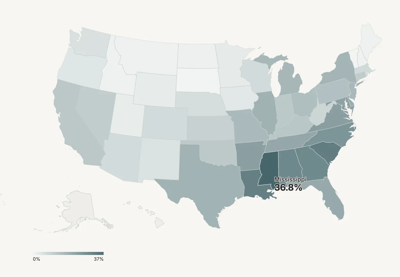 Map with a hovered state showing its name and percentage